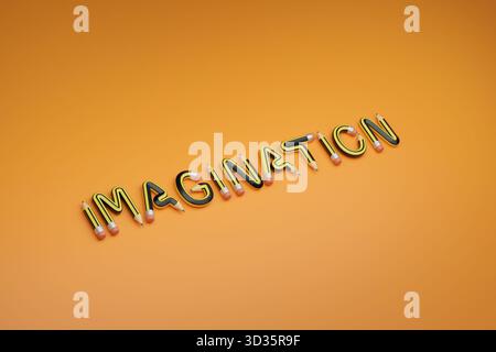 Das Wort "Fantasie", geschrieben mit Bleistiften. 3D-Abbildung. Stockfoto