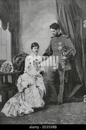 Infantin Maria de la Paz von Spanien (Maria de la Paz de Borbon) (1862-1946). Infantin von Spanien. Prinzessin von Bayern durch ihre Heirat am 2. April 1883 mit ihrem Cousin Prinz Ludwig Ferdinand von Bayern (1859–1949). Infantin Maria de la Paz und ihr zukünftiger Ehemann, der Prinz von Bayern. Stich von Arturo Carretero (1852-1903). La Ilustracion Espanola y Americana (die spanische und amerikanische Illustration), 22. Februar 1883. Stockfoto