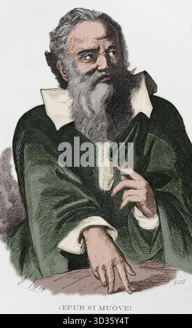 Galileo Galilei (1564-1642). Italienischer Astronom, Mathematiker und Physiker. "E pur si muove" (und dennoch bewegt es sich oder bewegt es sich). Berühmte Phrase, die er aussprach, nachdem er die heliozentrische Ansicht vor dem Heiligen Amt abgeschworen hatte. Hochformat. Gravur von Rico. Spätere Färbung. Cronica General de Espana, Historia Ilustrada y Descriptiva de sus Provincias. Castilla-La Nueva, 1869. Stockfoto