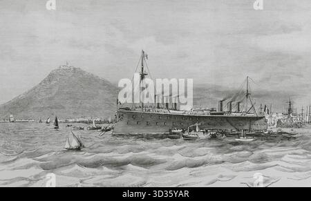 Regia Marina (Royal Italian Navy). „Lepanto“. Ein eisernes Schlachtschiff, das für die italienische Regia Marina gebaut wurde, das zweite und letzte Schiff der Italia-Klasse. Sie wurde von Benedetto Brin (1833–1898) entworfen und auf der „Cantiere Navale fratelli Orlando“ (Orlando Brothers Shipyard) in Livorno (Italien) gebaut, im November 1876 angelegt, im März 1883 gestartet und im August 1887 fertiggestellt. Ausgestattet mit einer Hauptbatterie von vier 432 mm (17 Zoll) Geschützen. Zeichnung von A. de Caula. Stich von Tomas Carlos Capuz (1834-1899). Die spanische und amerikanische Illustration (La Ilustracion Espanola y Americana), 1884. Stockfoto