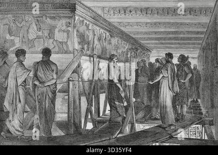 Phidias (490-425 v. Chr.). Bildhauer des antiken Griechenlands. Phidias zeigt seinen Freunden den Fries des Parthenon. Kupferstich von J. Cooper nach einem Gemälde von 1868 von Lawrence Alma-Tadema (1836-1912). Die spanische und amerikanische Illustration (La Ilustracion Espanola y Americana), 1884. Stockfoto