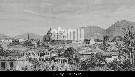 El Cobre, Kuba. Allgemeine Ansicht des Heiligtums der Charity del Cobre (Santuario de Nuestra Senora de la Caridad del Cobre). Stich von Tomas Carlos Capuz (1834-1899). Die spanische und amerikanische Illustration (La Ilustracion Espanola y Americana), 1884. Stockfoto