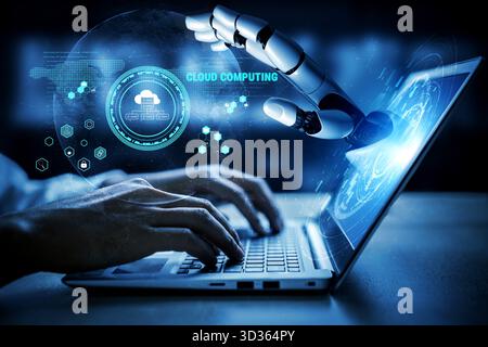 KI auf einer globalen Cloud-Computing-Plattform, die Dienste für die Softwareentwicklung bereitstellt. Ein weltweites Netzwerk für KI-Datenspeicherung und Anwendungs-Hosting Stockfoto