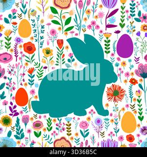 Nahtloser osterhintergrund mit Blumen und Eiern. Osterhase handgezeichnet. Nicht AI, Vektorillustration Stock Vektor