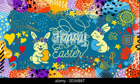 Osterhasen auf einer Karte. Frohe Ostern. Handgezeichnet. Nicht AI, Vektorillustration Stock Vektor