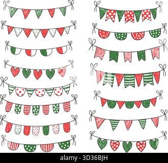 Niedliche Vektor-Kritzelbündchen in roten und grünen Farben für Weihnachtsmotive, Einladungen und Grußkarten Stock Vektor