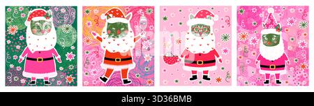 Nette und lustige Vektor-Illustration Set mit Santa Claus Katze Designs, Weihnachtscollage Kätzchen Grußkarten, Halbtonposter Stock Vektor