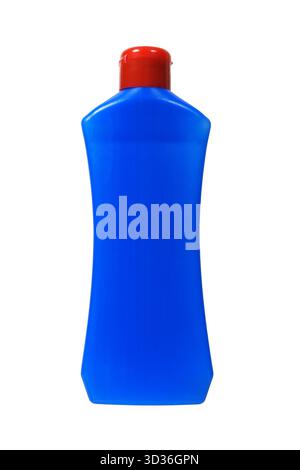Blaue Plastikflasche mit rotem Kork isoliert auf weißem Hintergrund Stockfoto