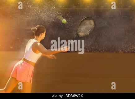 Junge Frau Tennis spielen auf Hof Stockfoto