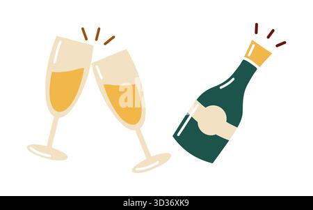 Handgezeichnetes flaches Neujahrsfest-Set mit Sektflasche und zwei anklirenden Gläsern. Festliche Vektor-isolierte Illustration. Stock Vektor