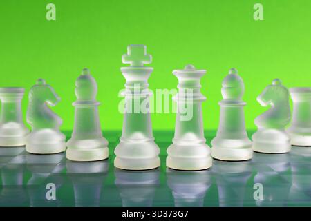 Schachfiguren auf einem Schachbrett symbolisieren Strategie, Führung und klares Denken im Geschäft oder in der Entscheidungsfindung Stockfoto