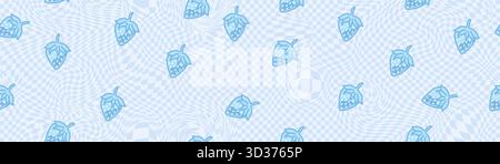Verzerrtes blaues Schachbrettraster mit Hochglanz-Erdbeermuster in Y2K und Kawaii-Ästhetik. Perfekt für das Retro-, süße und pastellfarbene Design. Großartig Stock Vektor