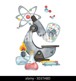 Eine wissenschaftliche Zusammensetzung mit Mikroskop, Spirituslampe, Kolben, Zelle, Molekülen, und Atomen. Handgezeichnete Aquarellillustration, Cartoonschrift Stockfoto