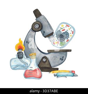 Eine wissenschaftliche Zusammensetzung mit Mikroskop, Spirituslampe, Kolben und Zelle. Handgezeichnete Aquarellillustration, Cartoonschrift. Wissenschaft, Festival Stockfoto