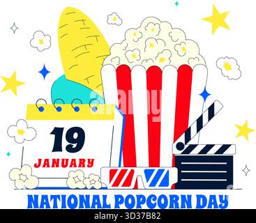 National Popcorn Day Vector Illustration am 19. Januar mit Einer Big Box Popcorn zum Genießen von Filmen in Einem flachen Stil Cartoon Hintergrund Stock Vektor
