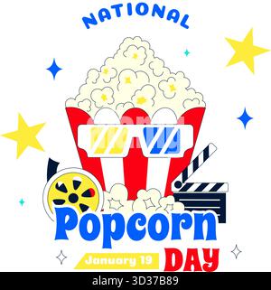 National Popcorn Day Vector Illustration am 19. Januar mit Einer Big Box Popcorn zum Genießen von Filmen in Einem flachen Stil Cartoon Hintergrund Stock Vektor