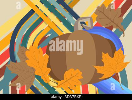 Retro 70er Jahre Hintergrund mit Thanksgiving Herbstblatt und Kürbis. Grooviger Urlaub. Kunstvorlage aus den 1970er Jahren. Minimalistisches Poster im Vintage-Design. Altmodisch Stock Vektor