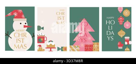 Frohe Weihnachten und Happy Holidays Grußkarten-Kollektion mit moderner Geometrie. Set aus trendigen minimalen Designs mit Weihnachtskugeln, Schneemännern, Geschirrspenden6 Geschenken. Stock Vektor