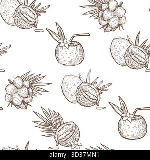 Handgezeichneter Kokosnusszweig mit ganzen und halben Früchten, Strandcocktail nahtloses Muster. Tropische Früchte im Sommer-Outline-Design im Vintage-Stil. Stock Vektor