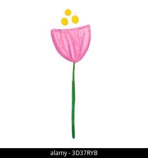 Abstrakte rosa Blume an einem Stiel. Handgezeichnete Aquarellillustration, Zeichentrick. Spiel, Kinder, Dekoration, Blütenblätter, Pflanze, Applikation Stockfoto