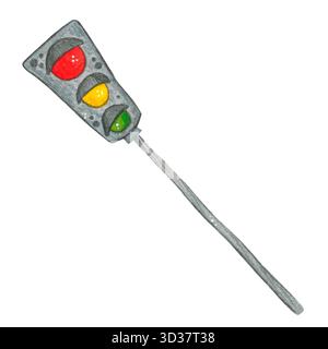Verkehrsschild, Ampelmast. Handgezeichnete Aquarellillustration, Zeichentrick. Stadt, Spiel, Kinder, Kind, Junge, Auto, Transport, Auto, Auto, Auto, Regeln Stockfoto