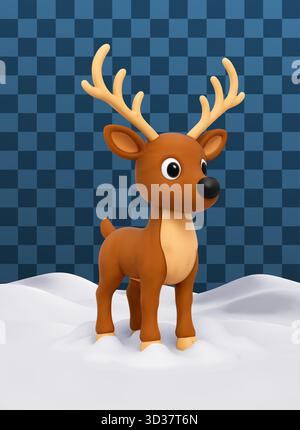 Niedliches 3D-Cartoon-Hirsch mit großen Geweihen im Schnee Stock Vektor