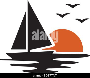 Sailboat Sunset Ocean Silhouette Vektor - minimalistisches schwarzes und orangefarbenes Segelboot auf dem Wasser mit Flying Seagulls Graphic Logo Stock Vektor