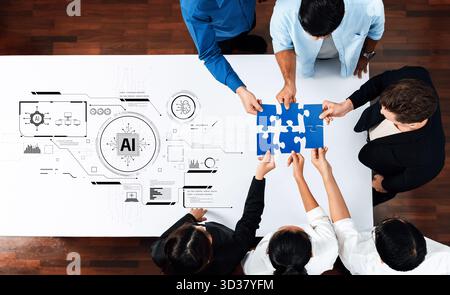 Ein vielseitiges Team von Fachleuten arbeitet an einem weißen Tisch zusammen und fügt Puzzleteile zusammen, während über künstliche Intelligenz und diskutiert wird Stockfoto