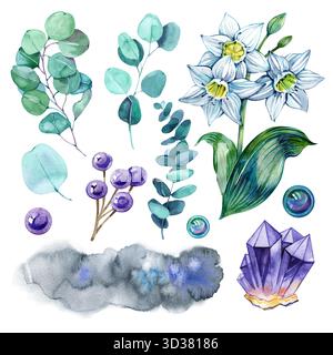 Aquarell-Clipart mit Mondblumen, Eukalyptuszweigen, violetten Beeren und Amethyst-Kristallen. Magische botanische Illustration perfekt für Stockfoto