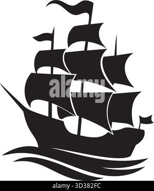 Klassischer Dreimasten Galeonschiff Silhouette Vektor - nautisches Segelboot auf Wellen Schwarze Grafik für Abenteuer, Reise oder Pirate Logo Stock Vektor