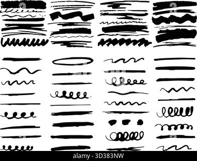 Handgezeichnete Texturkollektion: Pinselstriche mit Buntstiften und Bleistiften, Sketch-Linien mit Kreide, Unterstriche in Pastell-Körnung in Holzkohle und Schwarzer Farbmarker Scribbles Stock Vektor