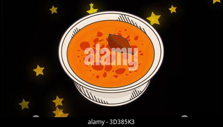Weiße Schüssel mit Orangensuppe und Lorbeerblatt vor kosmischer Kulisse, goldene Sterne Stockfoto