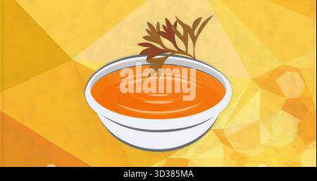 Weiße Keramikschale mit glatter Orangensuppe auf warmem Polygon-Mosaik, mit Kräutergarnitur Stockfoto