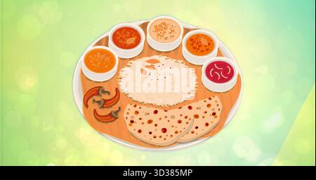 Metallplatte mit einer Mahlzeit vor grünem Hintergrund, mit Reis, Chapatis, Curry und Chili Stockfoto
