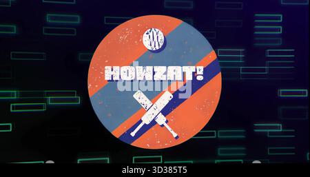 Kreisförmiges Logo auf digitalem Matrix-Hintergrund mit HOWZAT! Text, gekreuzte Schläger und Ball Stockfoto