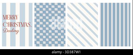 Retro-wunderschöner Weihnachtshintergrund mit vertikalen Streifen, karierten und diagonalen Rastermustern. Vintage-Weihnachtskarten-Vorlagen, Geschenkpapier Stock Vektor