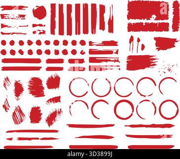 Dramatic Red Ink Vector Pack: Bloody Color Asian Kalligraphy Pinselstriche, handgezeichnete Text Highlights, Grunge Frames und abstrakte Scribble Kreise für Stock Vektor