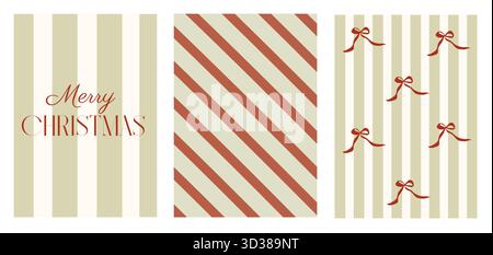 Retro-weihnachtliche Hintergründe mit vertikalen, diagonalen und Schleifenstreifen. Vintage-Weihnachtskarten-Vorlagen, Geschenkpapier und festlich Stock Vektor