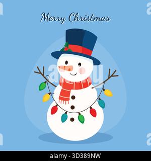 Fröhlicher Schneemann mit Weihnachtslichtern Stock Vektor
