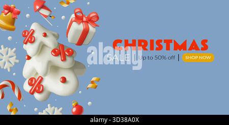 Werbebanner für Winterferien, schneebedeckter 3D-Weihnachtsbaum, der mit Prozentzeichen verziert ist Stock Vektor