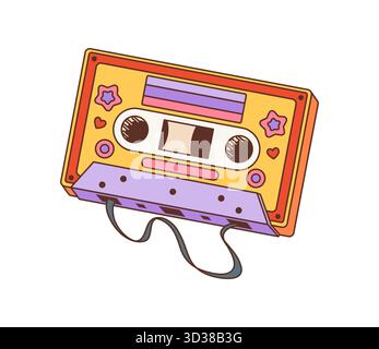 Cartoon Vintage 80er Jahre grooviger Kassettenaufkleber oder -Tag. Vintage Hippie Patch, Retro Groovy Vektor Label. Funky 70s Aufkleber oder isoliertes Etikett mit Retro-Musik-Player-Kassette Stock Vektor