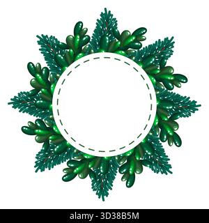 Festlicher, runder Etikettenrahmen aus üppig glänzenden Kiefer- und Fichtenzweigen. Der gestrichelte innere Kreis schafft einen sauberen Raum für Text, Logos oder benutzerdefinierte holid Stock Vektor