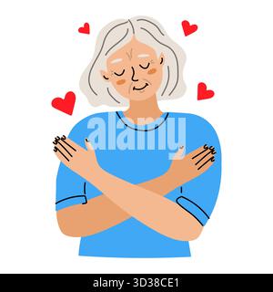 Love Yourself-Konzept. Eine ältere Frau umarmt sich. Das Konzept, sich in jedem Alter zu lieben Stock Vektor