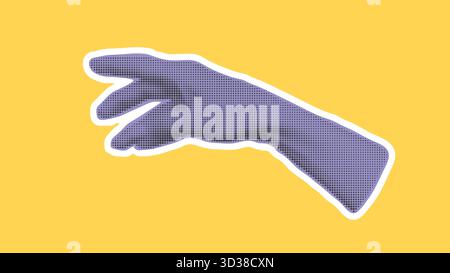 Weibliche Hand greift nach etwas, Retro-Halbtoneffekt. Damenhand, modernes Designelement für Collage. Helles Handschild im Pop-Art-Stil Stock Vektor