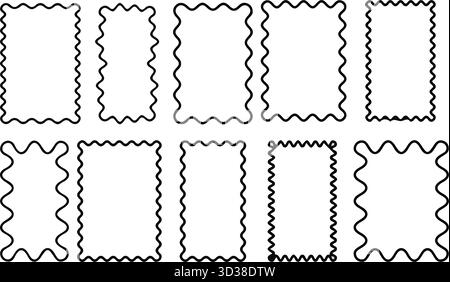 Retro 60er Jahre Groovy Frame Border Set: Gewellte Muschelförmige Bilderrahmen, bunte Zigzag-Rechtecke und lustige Cartoon-Wiggle-Hintergründe für Kindergrafiken Stock Vektor