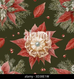 Vintage Weihnachten nahtlose Muster von roten Weihnachtsstern Blumen, stechpalme Blätter mit Beeren, Fichtenzweige Spitze Schleifenbrosche mit Seideneinsatz in Beige mit Stockfoto