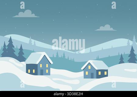 Winterlandschaft mit niedlichen Häusern und schneebedeckten Kiefern, Weihnachtsillustration. Für Urlaubsgestaltung Stock Vektor
