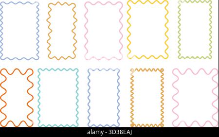 Retro 60er Jahre Groovy Frame Border Set: Gewellte Muschelförmige Bilderrahmen, bunte Zigzag-Rechtecke und lustige Cartoon-Wiggle-Hintergründe für Kindergrafiken Stock Vektor