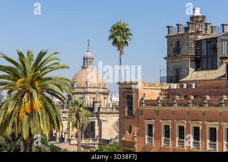 Historische maurische Festungsanlage mit dem roten Palast Palacio de Villavicencio, Alczar de Jerez de la Frontera, Cadiz, Andalusien, Spanien Stockfoto