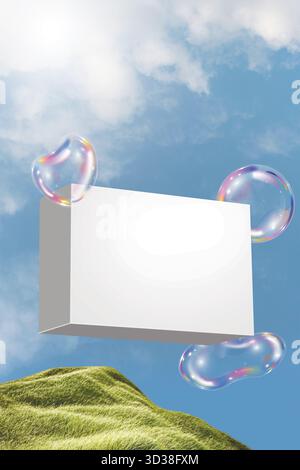 Seifenbox mit Luftblasen-Werbedesign. Box fliegender Himmel Hintergrund. 3D-Abbildung Stockfoto